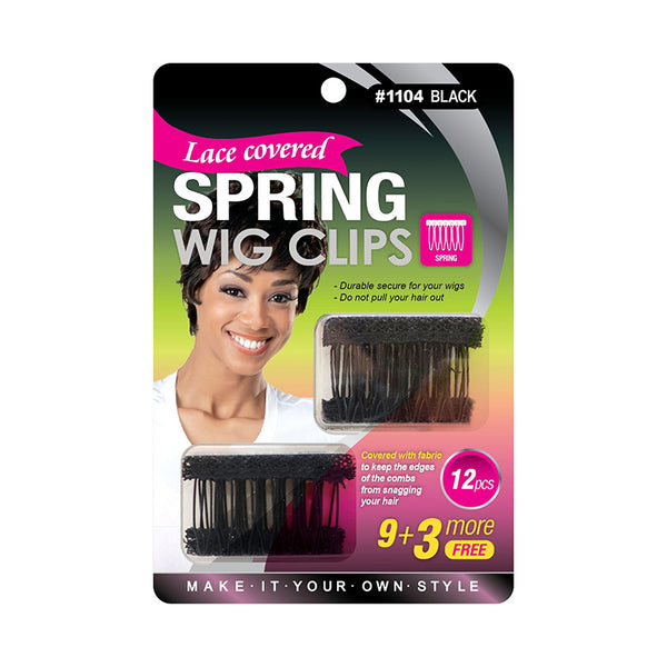 M and M black lace covered wig clips pack showing two spring combs and model wearing short wig 12 pcs