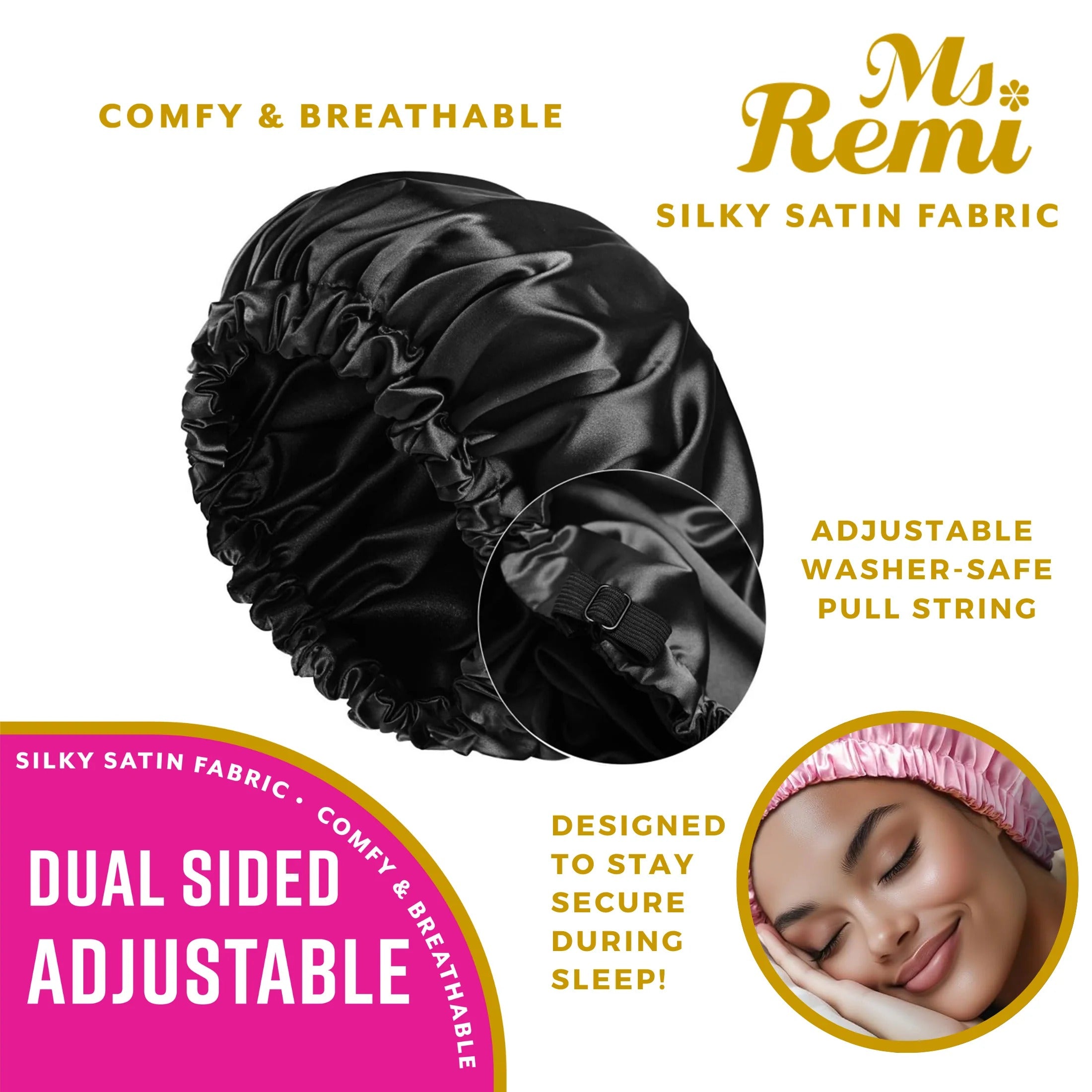 Adjustable Dual-Sided Silky Satin Bonnet XL #03705 [Black]