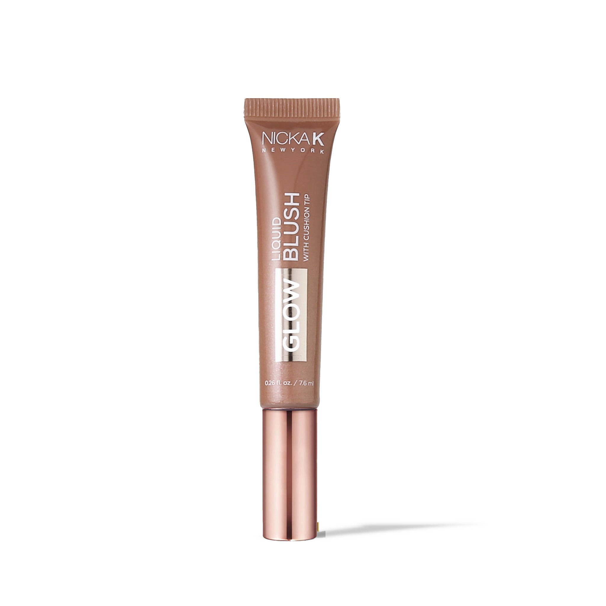NICKA K liquid glow blush in a brown tube with rose gold cap for radiant makeup