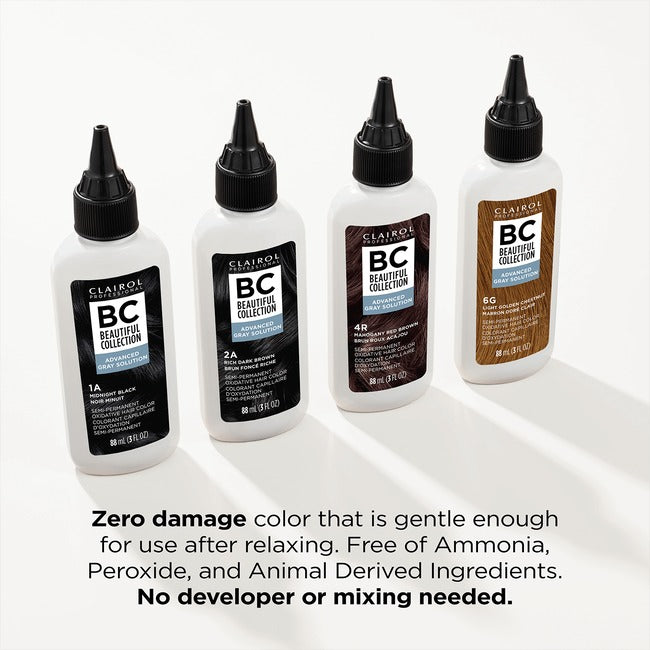 Beautiful Collection BC squeeze bottles of semi permanent hair color for gray hair showing four shades and zero damage claim
