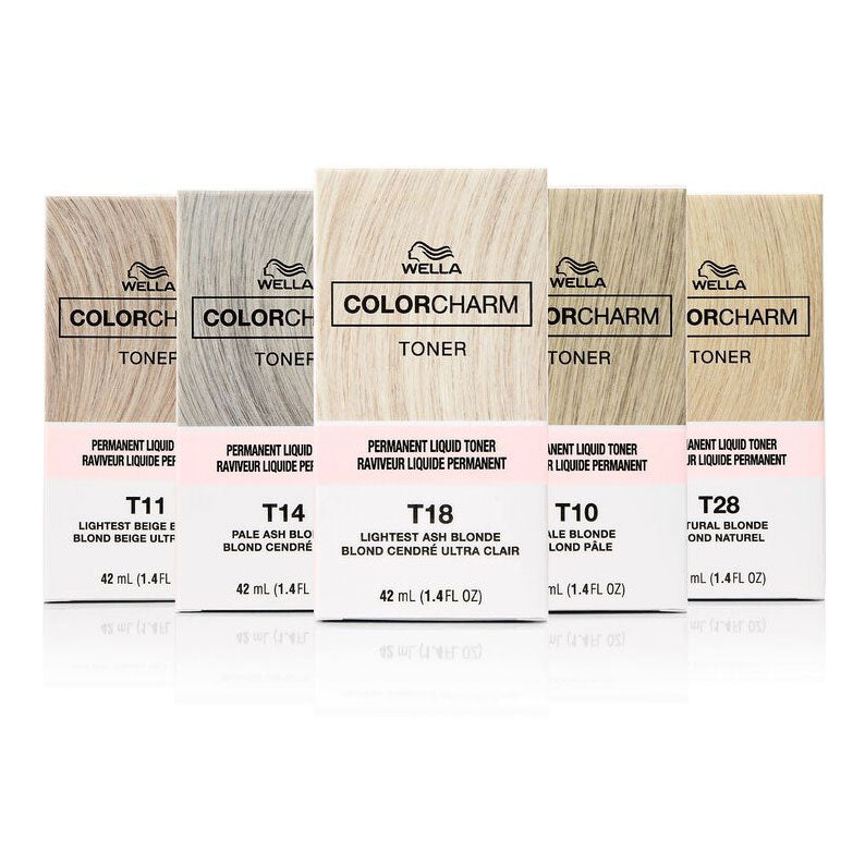 Wella Color Charm permanent liquid hair toner collection in various blonde shades for hair care