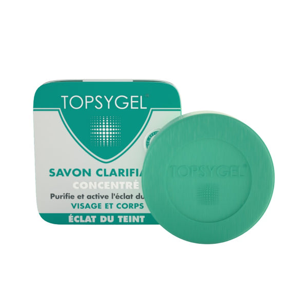 TOPSYGEL clarifying soap for face and body green round bar with matching tin packaging