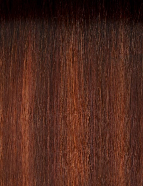 OUTRE wig close-up showing long straight ombre brown hair strands with subtle reddish highlights