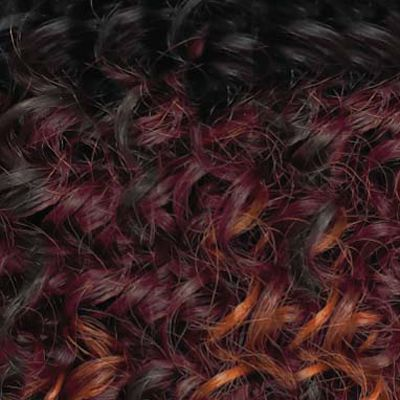 Close-up of OUTRE lace front synthetic wig with curly black and burgundy hair strands