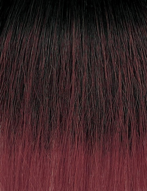 OUTRE hair close-up showing ombre black to burgundy color beach wave ponytail extension