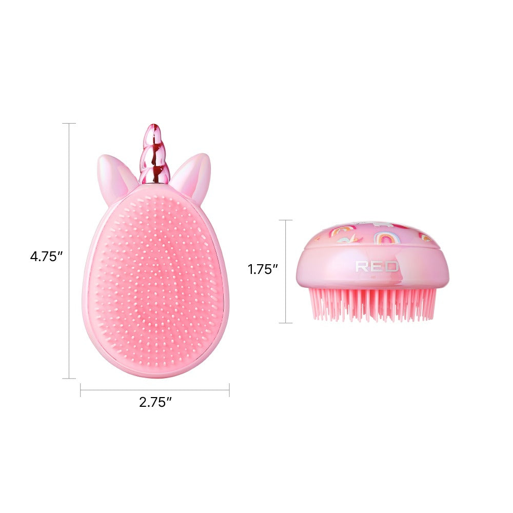 RED BEAUTY by KISS pink unicorn detangling brush compact handheld with horn ears and soft flexible bristles