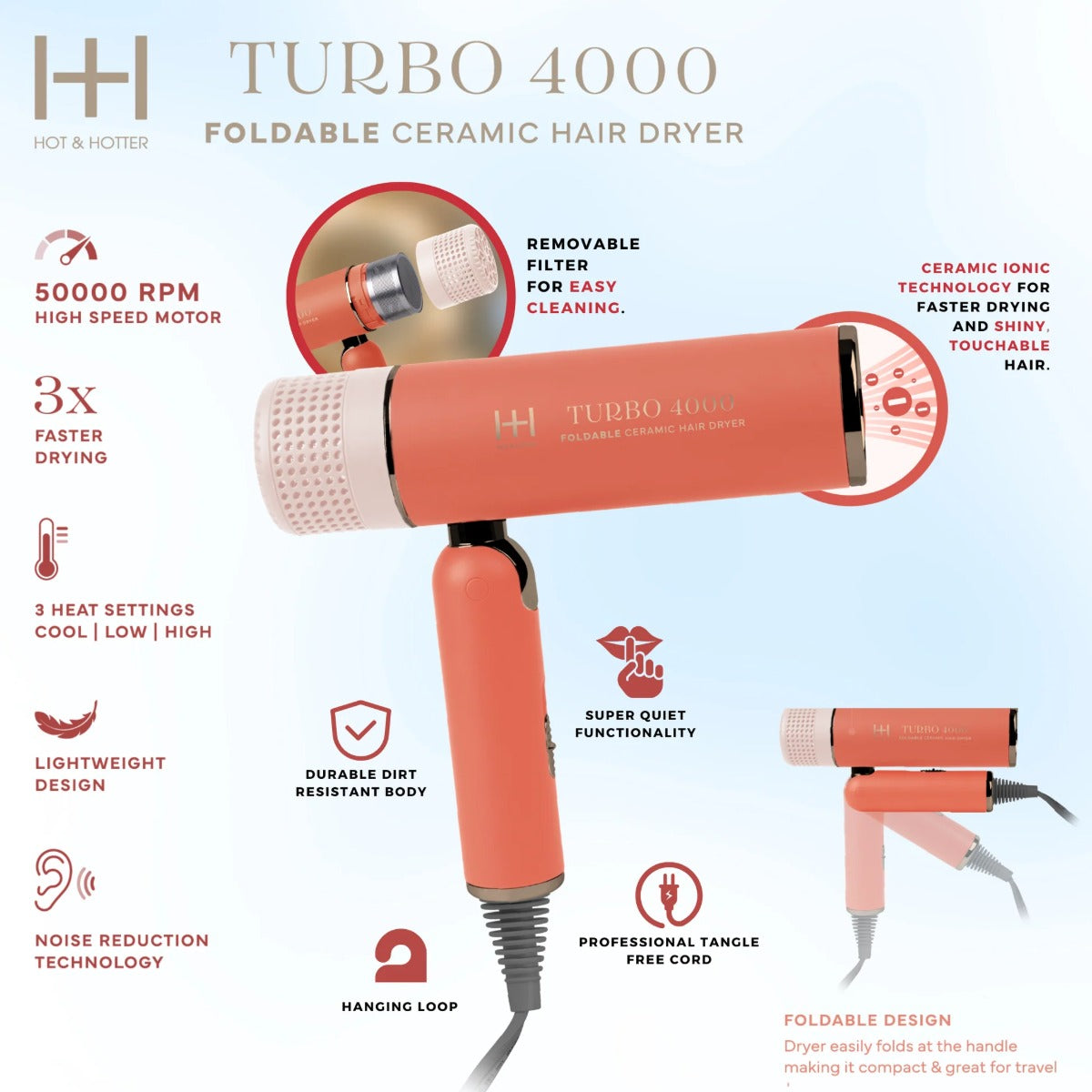 H&H Ceramic Turbo 4000 Foldable Hair Dryer #5924