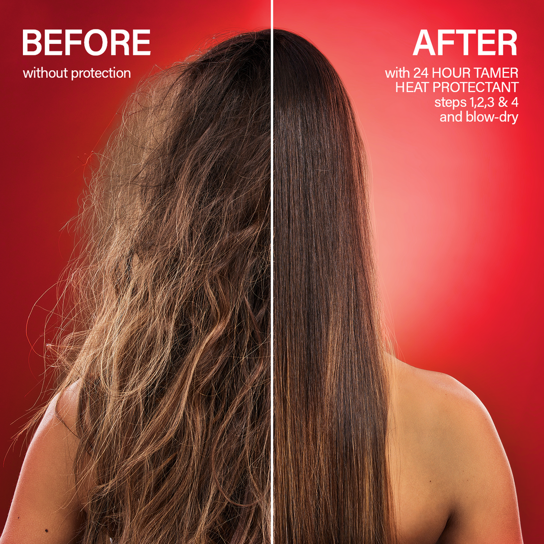 EBIN hair care heat protectant blow dry balm before and after frizzy hair transformed to smooth straight hair