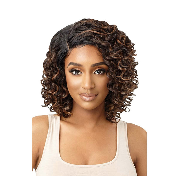 OUTRE lace front synthetic wig with short curly hair in dark brown with highlights