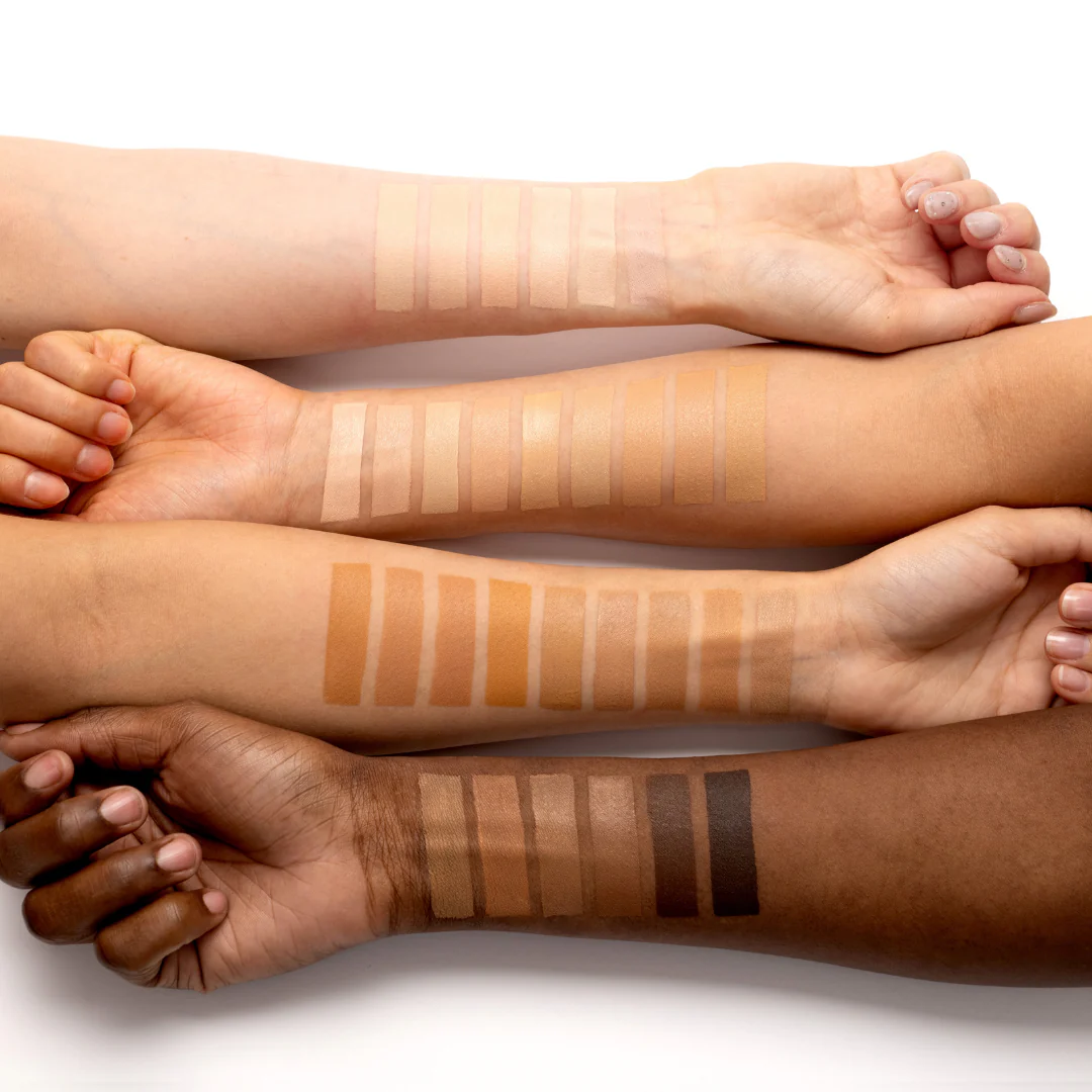 TIRTIR Mask Fit Red Cushion foundation swatches showing diverse skin tone shades on multiple arms