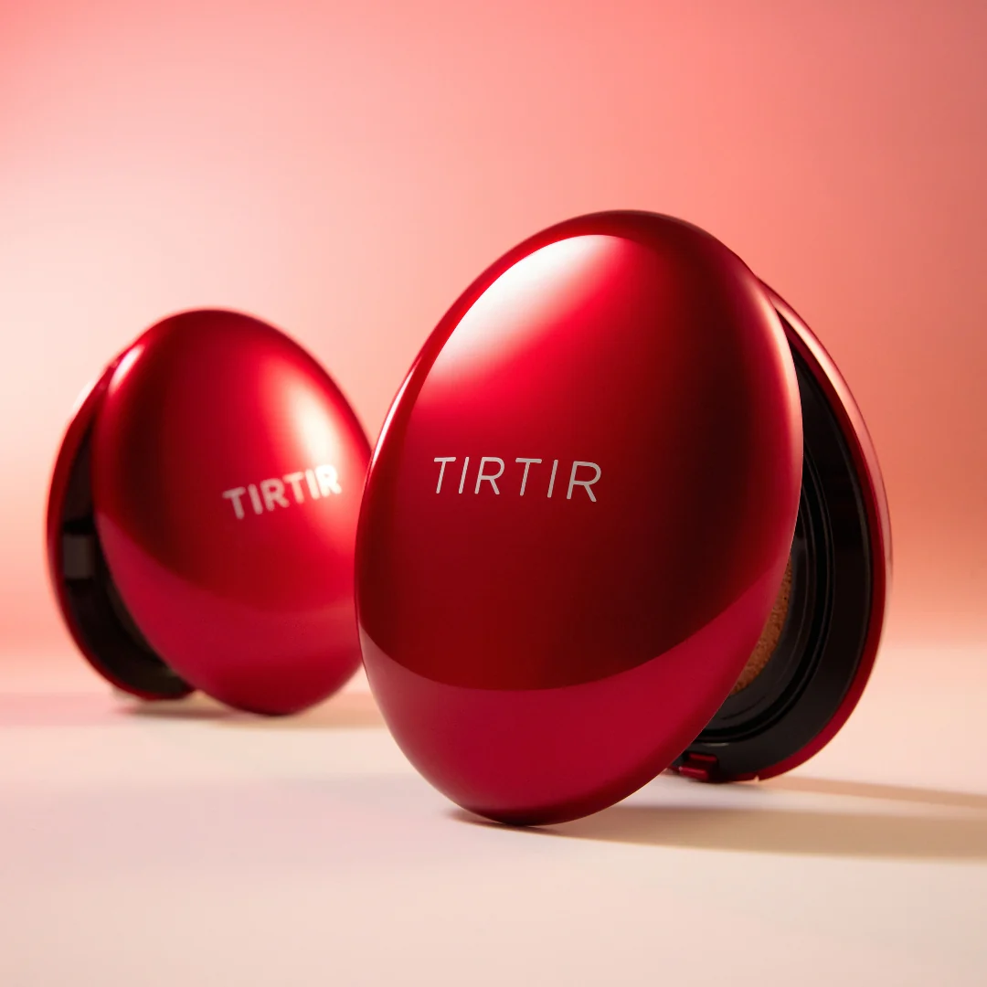 TIRTIR Mask Fit Red Cushion foundation compact in shiny red case with TIRTIR logo on pink background