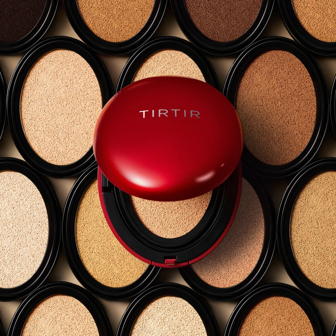 TIRTIR Mask Fit Red Cushion foundation compact with various beige and brown foundation shades background