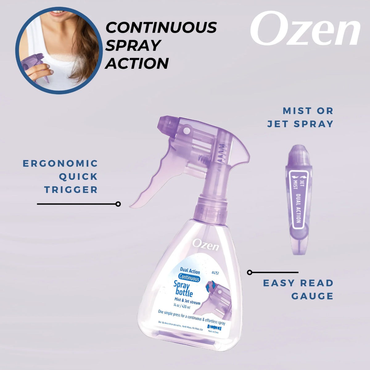 Ozen Dual Action Continuous Spray Bottle [Lavender Transparent] #4757