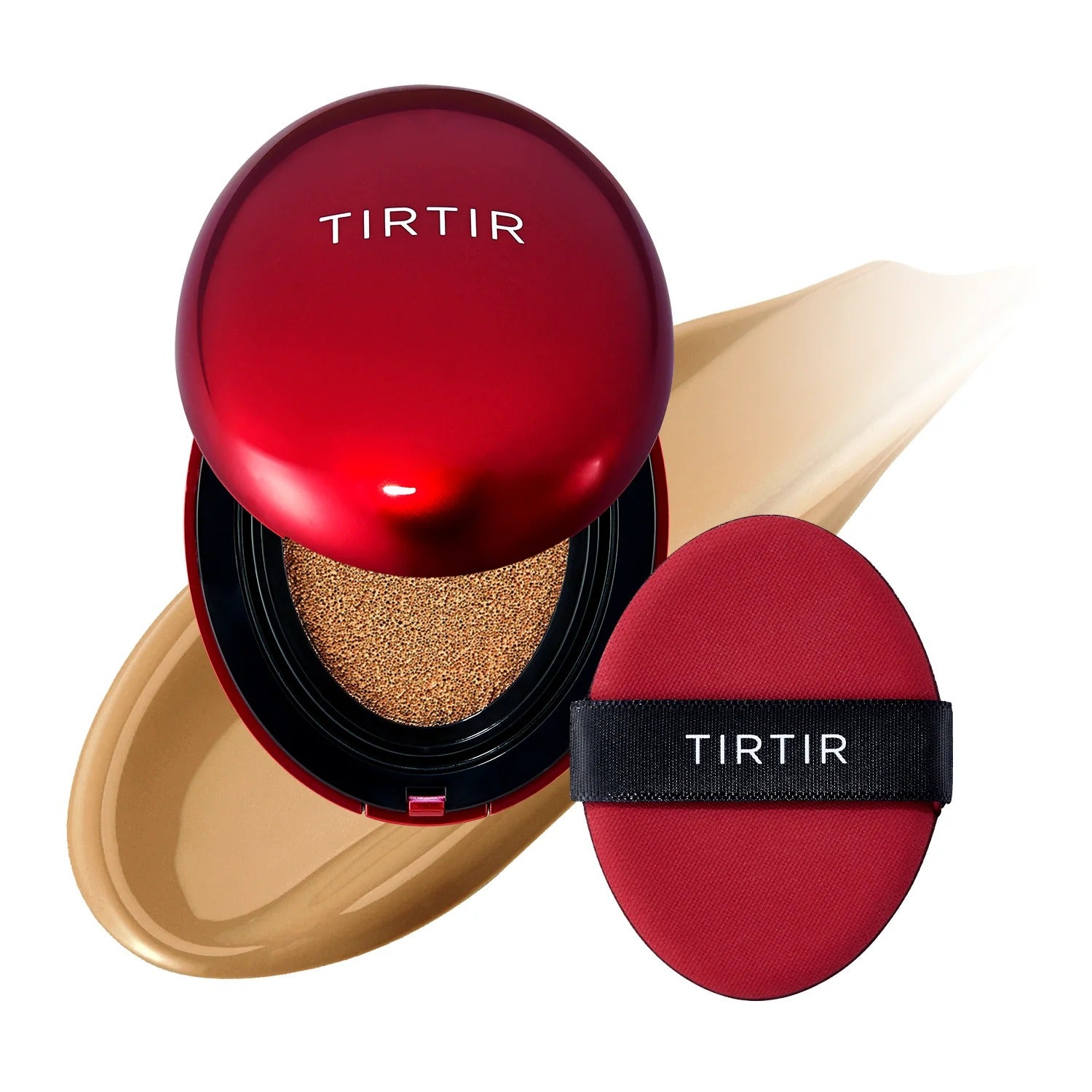 TIRTIR Mask Fit Red Cushion foundation with applicator sponge and beige foundation swatch