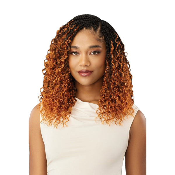 OUTRE boho box braids hair extensions with curly ombre style in black and copper on woman