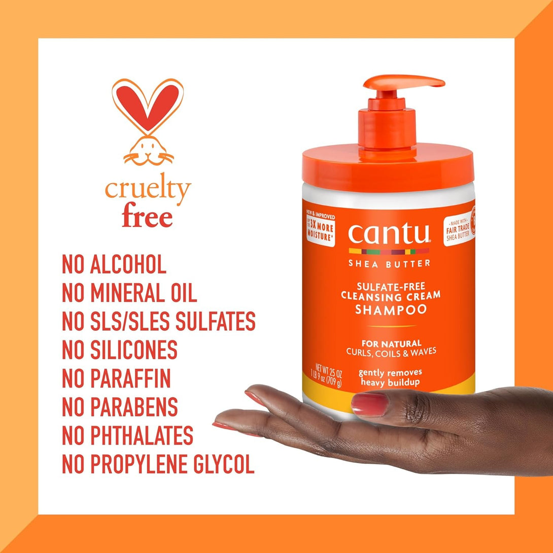 CANTU shea butter sulfate free shampoo pump jar held in hand with cruelty free and no sulfates claims