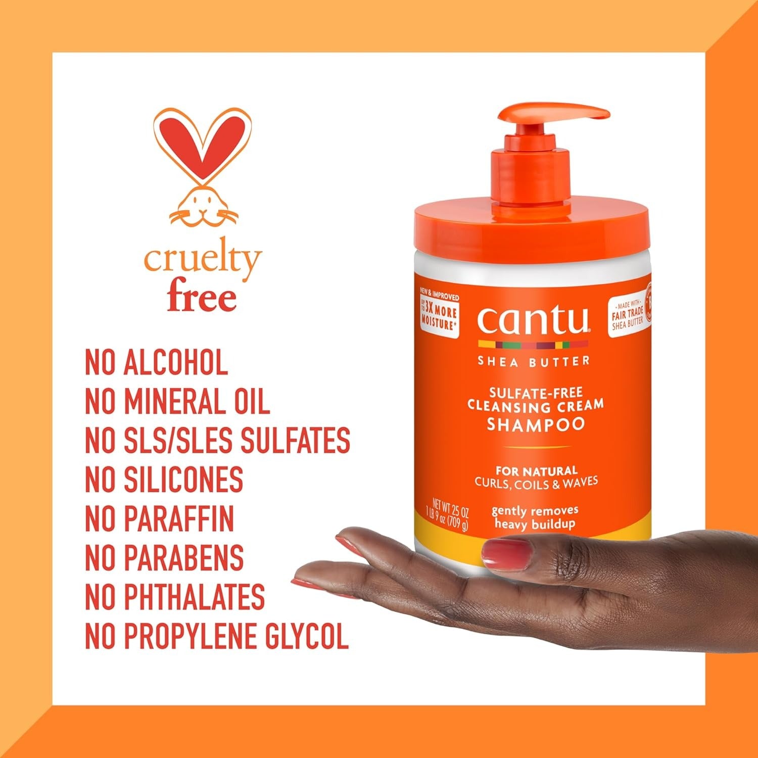 CANTU shea butter sulfate free shampoo pump jar held in hand with cruelty free and no sulfates claims