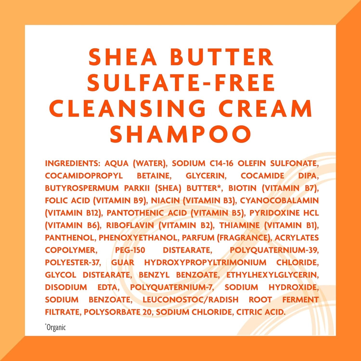 Cantu shea butter sulfate free shampoo label showing cleansing cream shampoo name and ingredients list