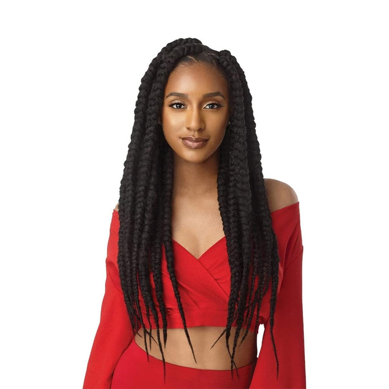 Woman with long thick braids styled using OUTRE X-Pression Natural Kinky Twist hair in black
