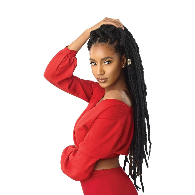 Woman with long black OUTRE X-Pression Natural Kinky Twist hair braid styled elegantly