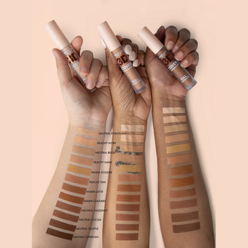 ABSOLUTE NEW YORK full coverage concealer shades swatched on three different skin tones showing variety of colors