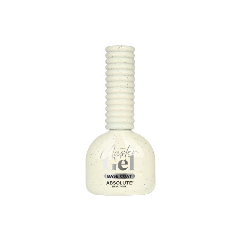 ABSOLUTE NEW YORK Master Gel gel nail base coat in a speckled white bottle with ribbed cap