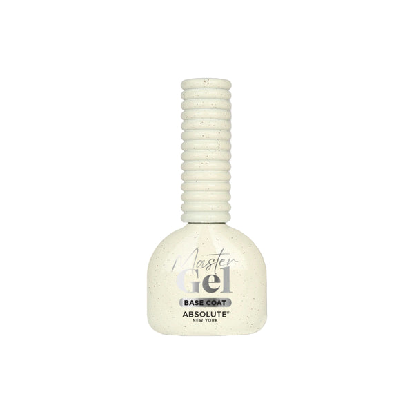 ABSOLUTE NEW YORK Master Gel gel nail base coat in a speckled white bottle with ribbed cap