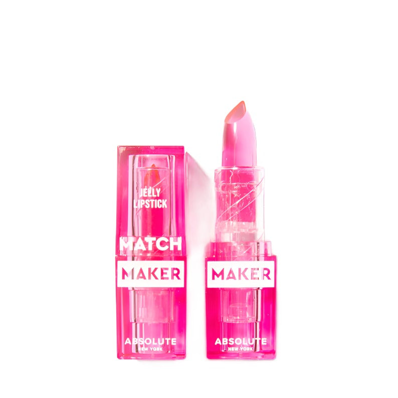 Absolute New York jelly lipstick pink in transparent bright pink packaging with cap off