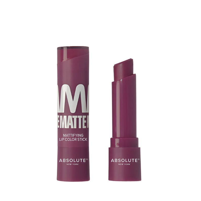 Absolute New York matte lipstick for dark skin in deep plum shade with mattifying formula