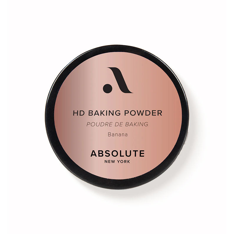 Absolute New York HD baking powder compact in Banana shade banana setting powder for makeup top view on white background