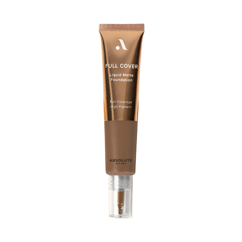 Absolute New York full cover liquid foundation tube in deep brown shade with pump applicator and matte finish