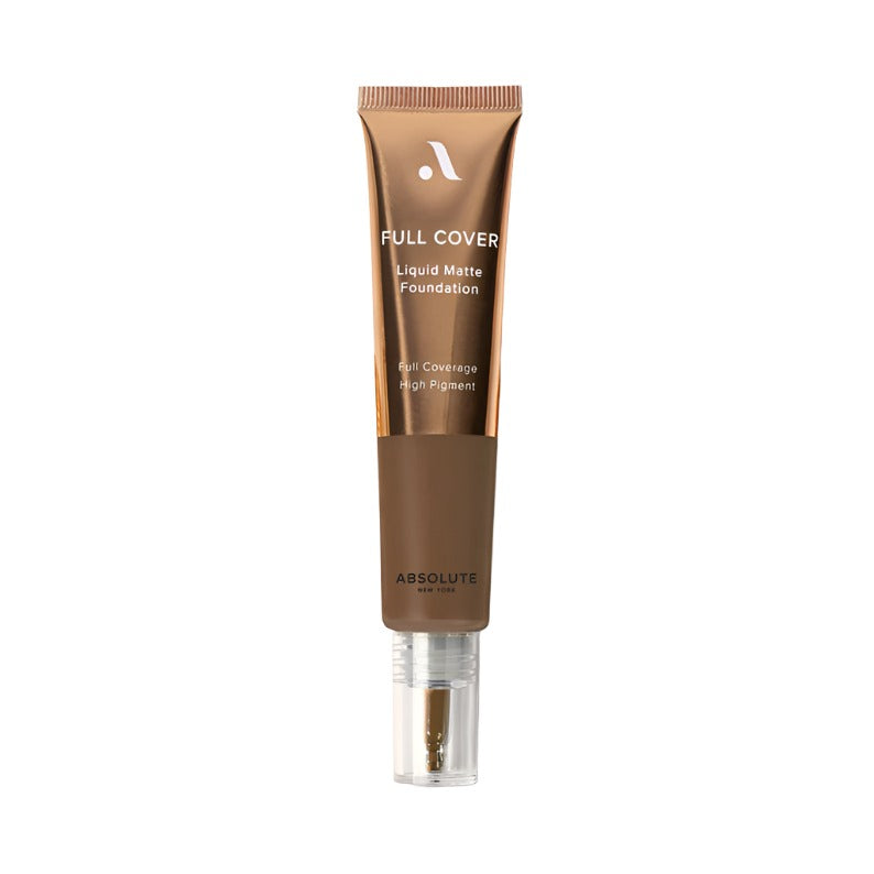 ABSOLUTE NEW YORK full cover liquid foundation matte tube in deep brown shade with clear pump applicator