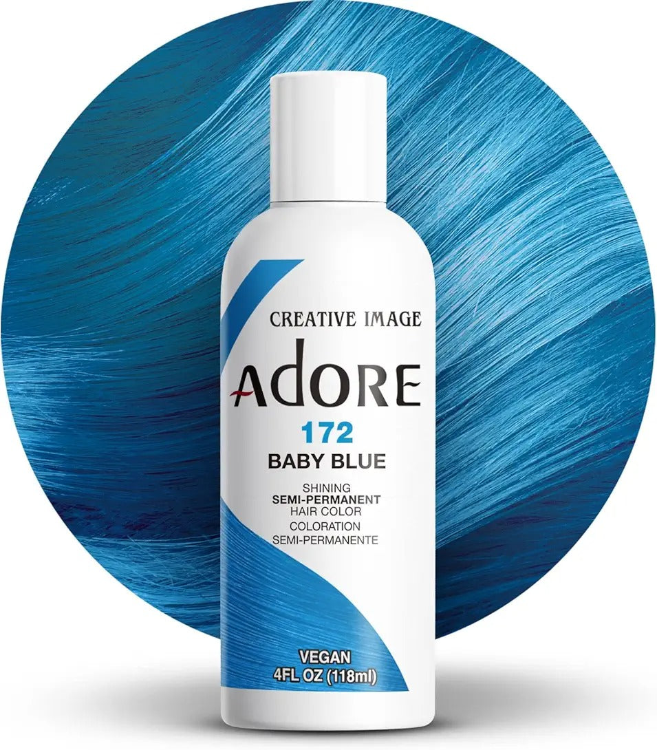 ADORE Baby Blue semi permanent hair color bottle with vibrant blue hair background