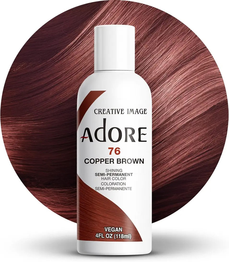 Adore Copper Brown semi permanent hair color bottle with shiny hair background 4fl oz vegan formula