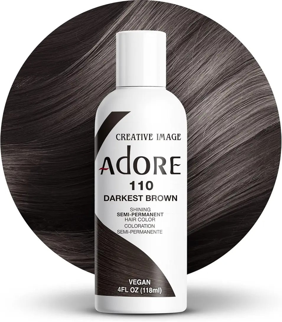 ADORE semi permanent hair color bottle in darkest brown shade with vegan formula