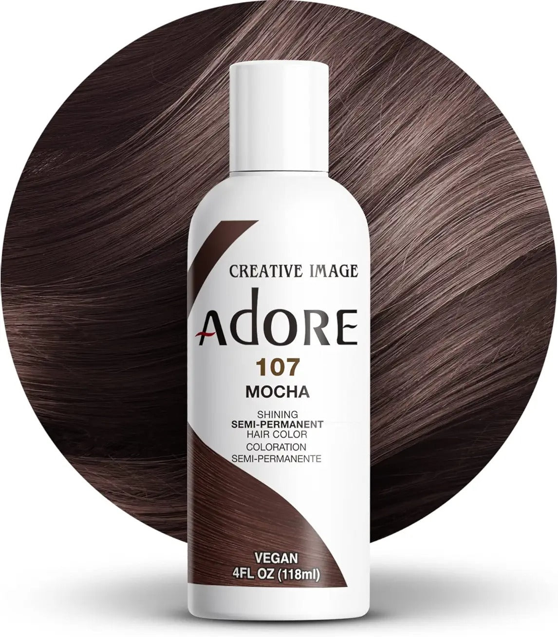 ADORE Creative Image 107 Mocha vegan semi permanent hair color bottle with mocha brown hair background