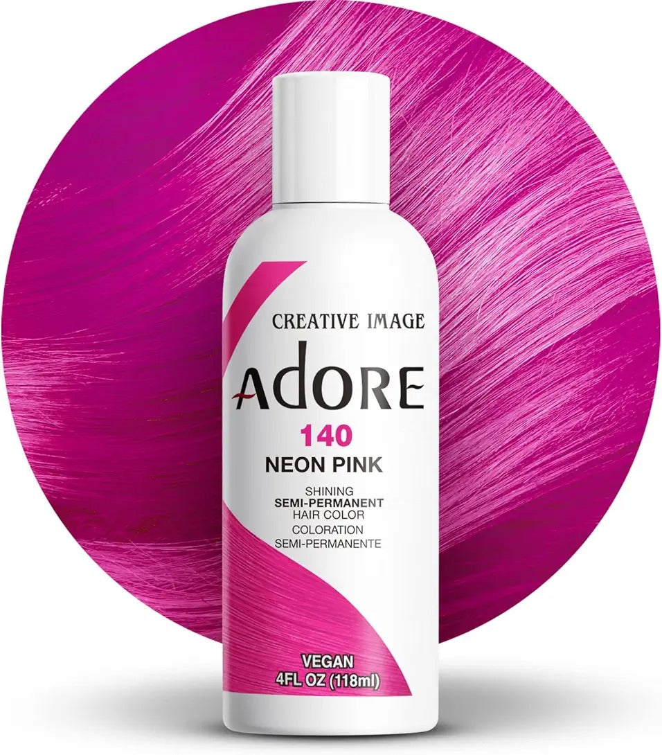 Adore Creative Image Neon Pink 140 semi permanent hair color bottle with vibrant pink hair strand