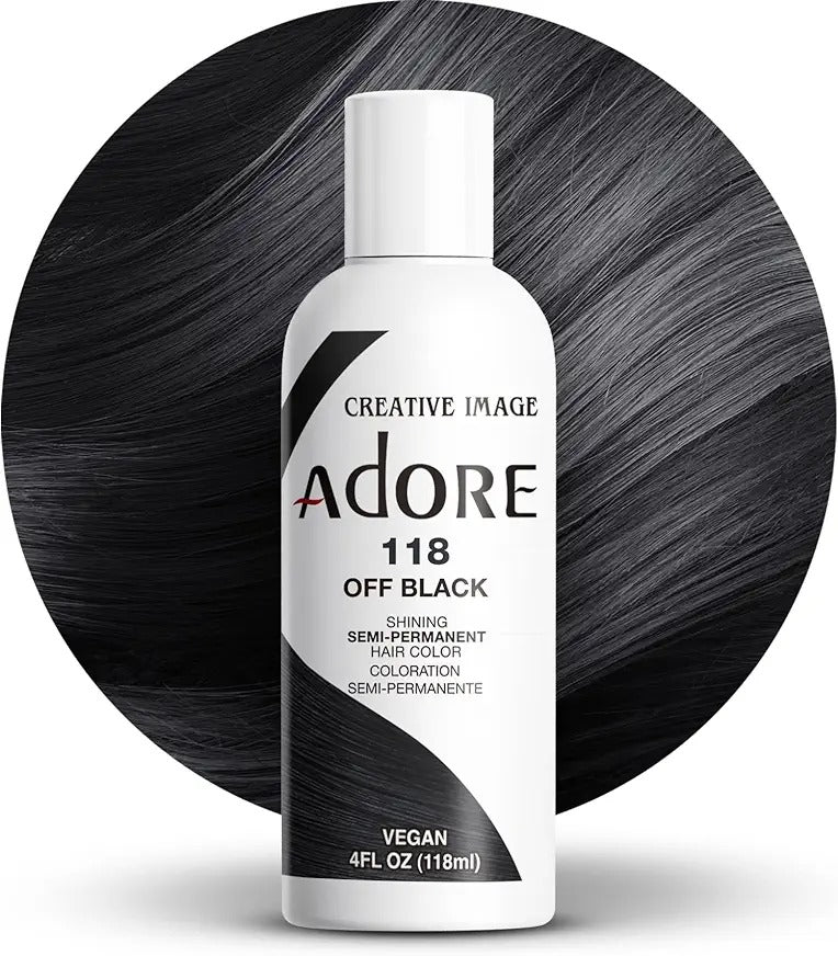 ADORE semi permanent hair color bottle in Off Black shade with vegan formula and 4 fl oz size