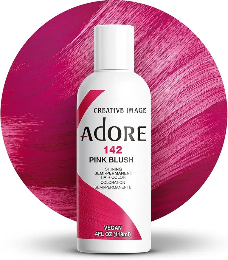 Adore Pink Blush semi permanent hair color bottle with vibrant pink hair color background