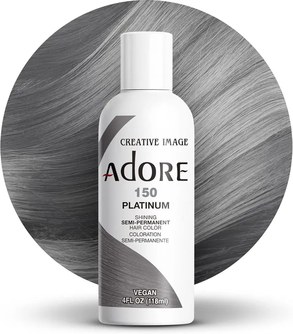 ADORE Creative Image Platinum 150 semi permanent hair color bottle with gray hair background