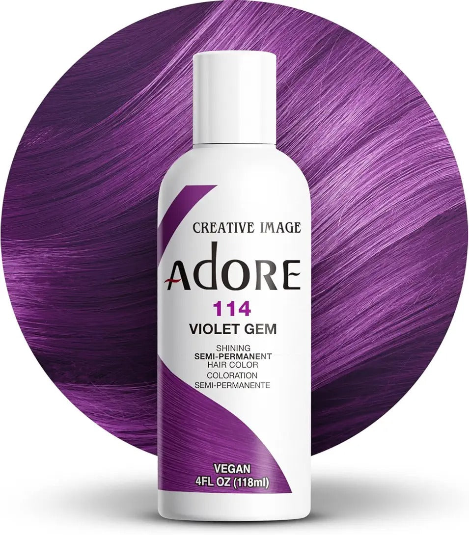 Adore Creative Image Violet Gem 114 semi permanent hair color bottle with vibrant purple hair strands background