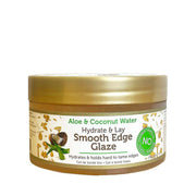 Jar of aloe and coconut water Smooth Edge Glaze by African Pride showing label for african pride edge control gel