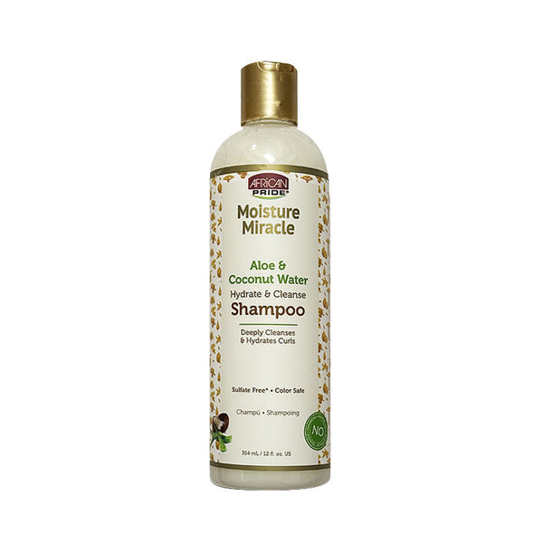 African Pride Moisture Miracle Shampoo bottle with aloe and coconut water for hydrating curls sulfate free