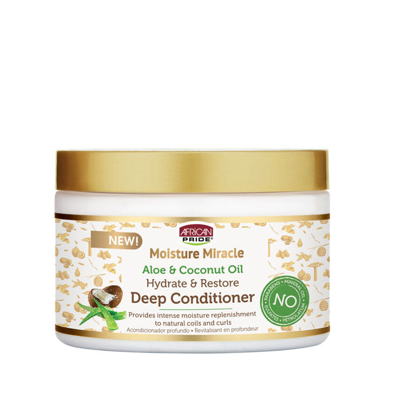 AFRICAN PRIDE Moisture Miracle jar with gold lid aloe and coconut oil deep conditioner for hydrate and restore