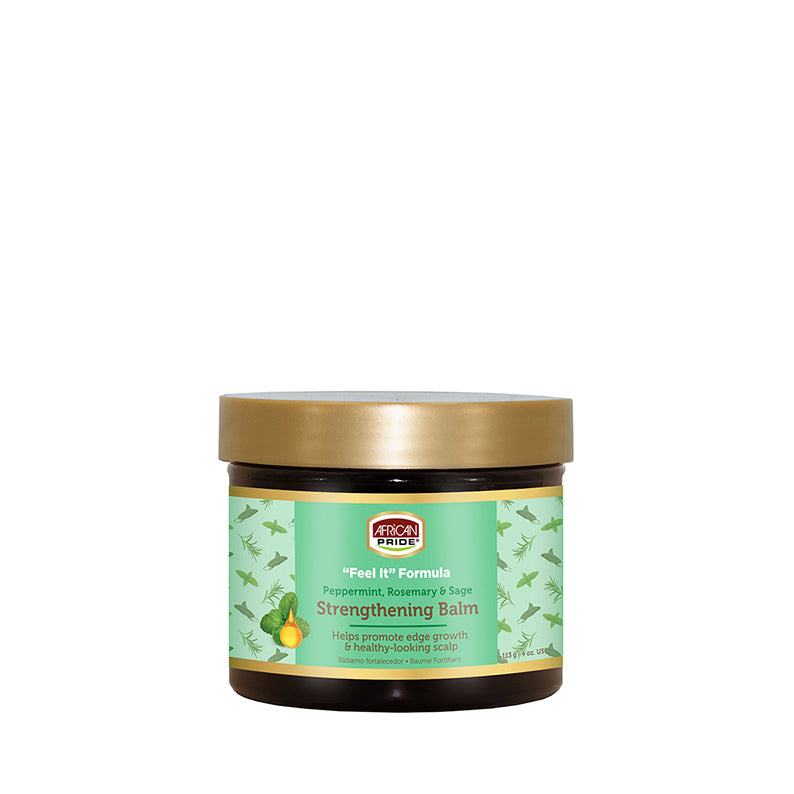 AFRICAN PRIDE peppermint rosemary strengthening hair balm jar with gold lid and green label
