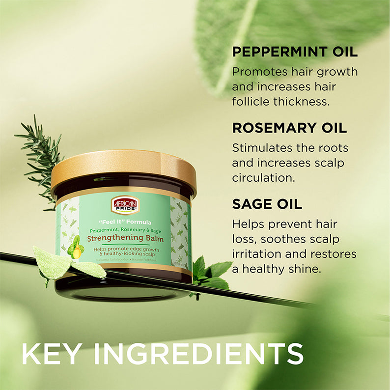 AFRICAN PRIDE peppermint rosemary strengthening hair balm jar with label listing peppermint rosemary and sage oils