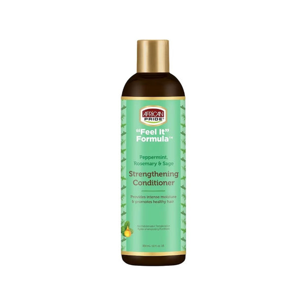 AFRICAN PRIDE strengthening conditioner for natural hair peppermint rosemary sage in green bottle with gold cap