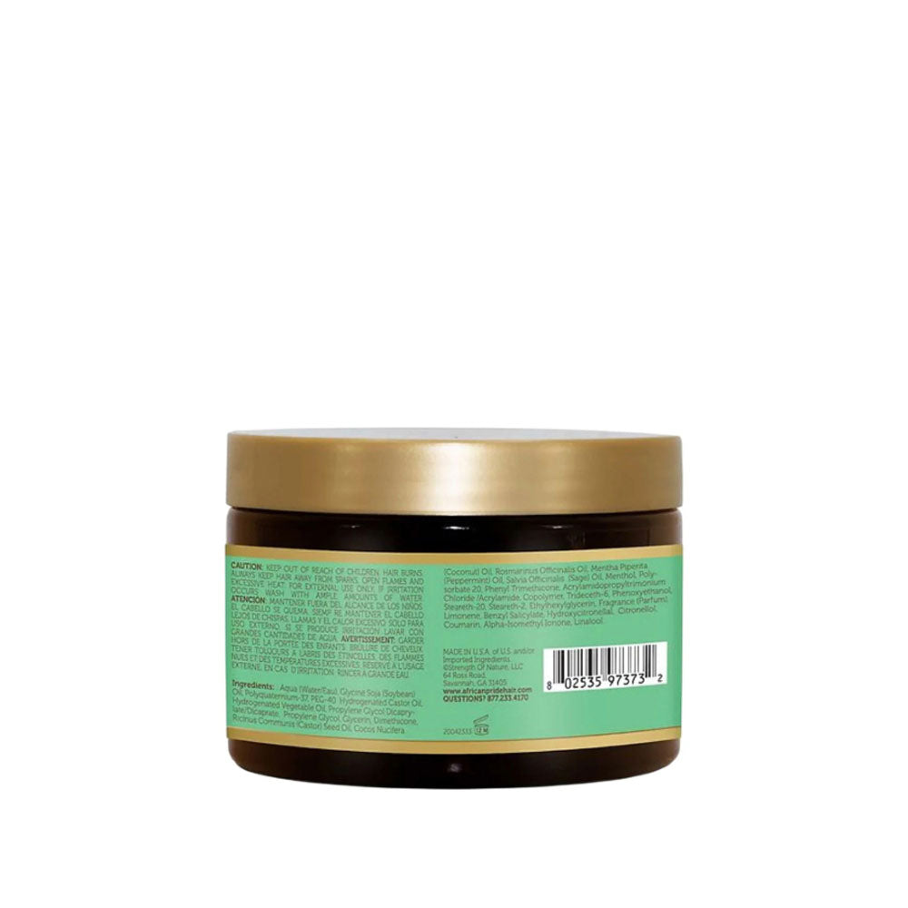 AFRICAN PRIDE strengthening leave-in conditioner jar with green label and gold lid back view