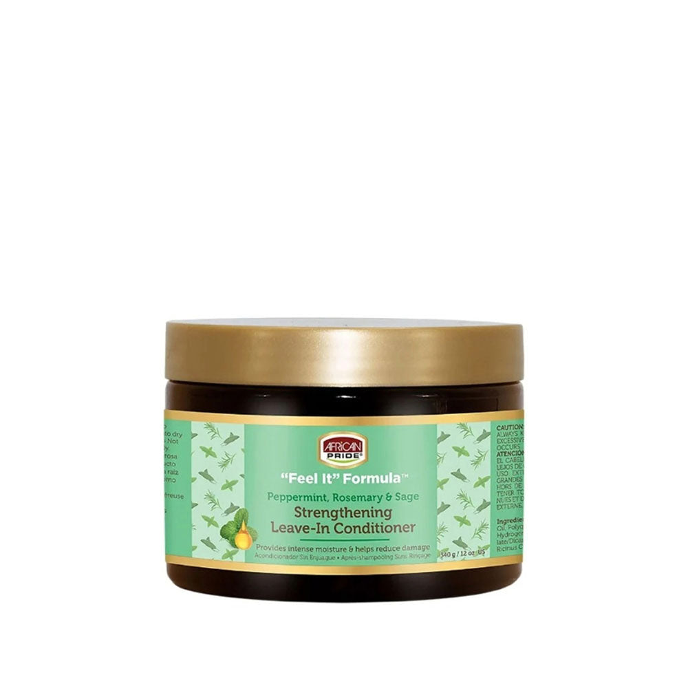 AFRICAN PRIDE strengthening leave-in conditioner jar with peppermint rosemary sage on green label