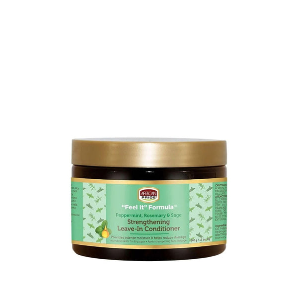 AFRICAN PRIDE strengthening leave-in conditioner jar with peppermint rosemary sage on green label